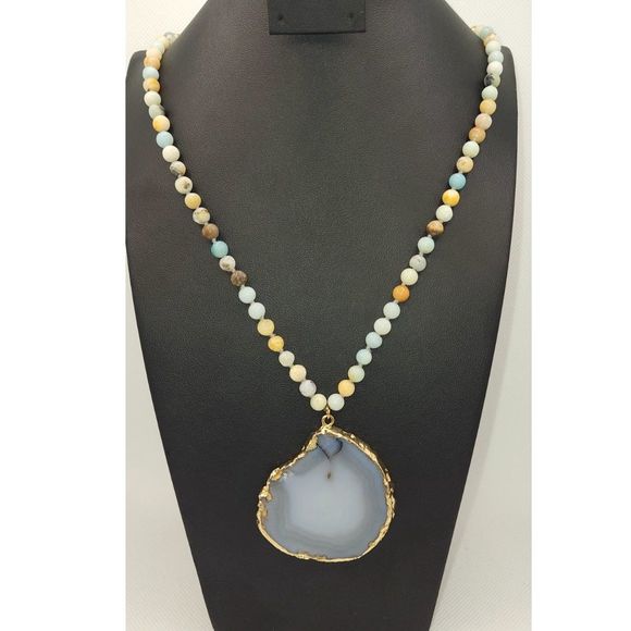 Agate Gold-plated Pendant Beaded Necklace w/ Leather Strap 17" - Picture 1 of 6